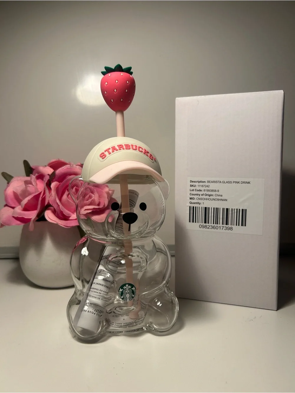 Starbucks Clear Bear Tumbler with Pink Strawberry Topper